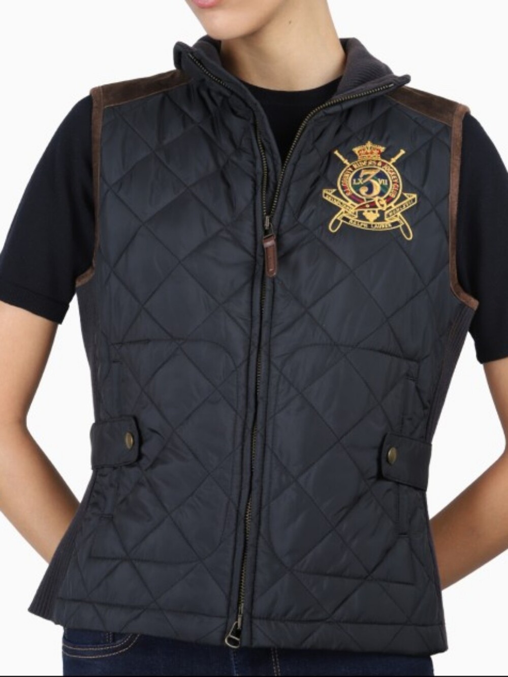Ralph Lauren Sport Quilted Equestrian Vest Black & Brown Calf Suede Trim - Med
